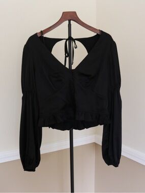 Black Peasant Tie-Back Women’s Top Corset Cup Detail Satin Silk